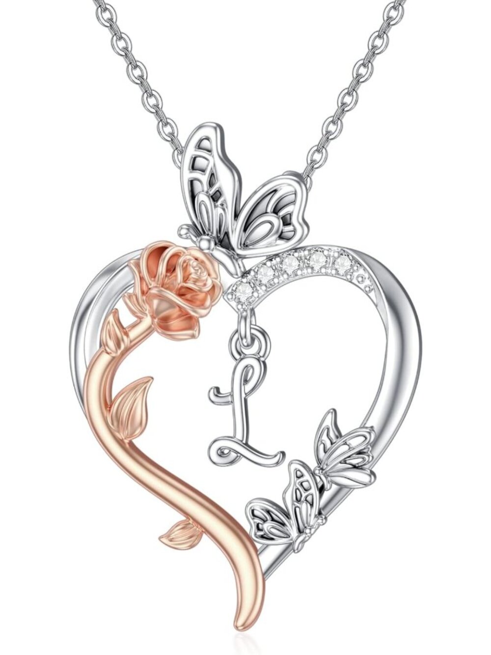 925 Sterling Silver Rose Heart Initial Necklace - Butterfly Jewelry Gift for Her